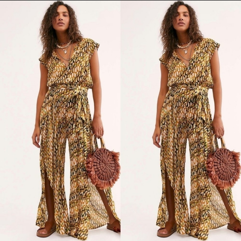 Free People Yellow Brown Printed Wide-Leg Jumpsuit